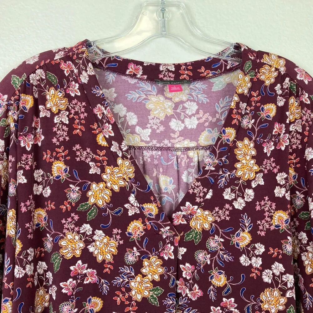 Vince Camuto Women's V-Neck Tunic Blouse Size L Brown Multi Floral Office Casual